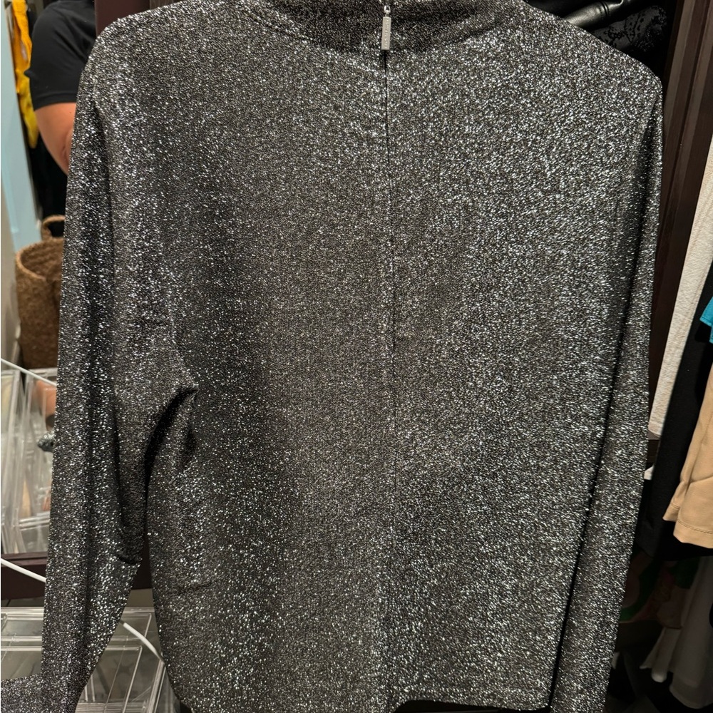 Michael Kors silver shimmery holiday top size L zipper high neck